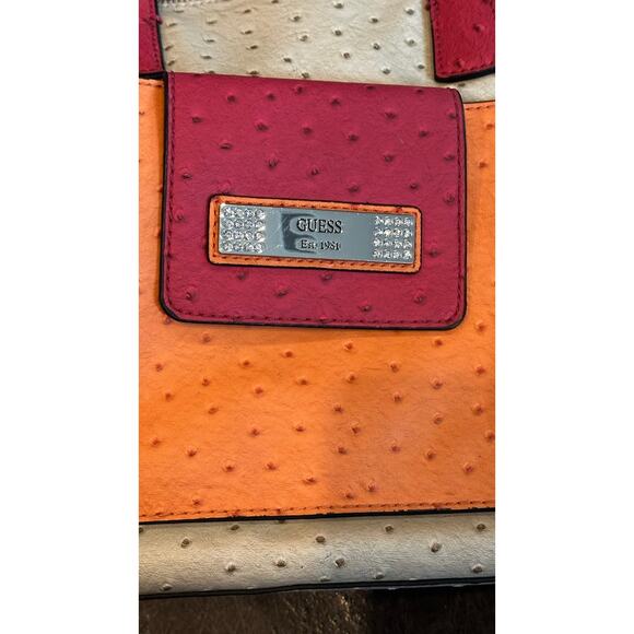 Guess Handbag, Shoulder Bag Faux Leather Ostrich Bone/Pink Orange With Wallet - Picture 7 of 10